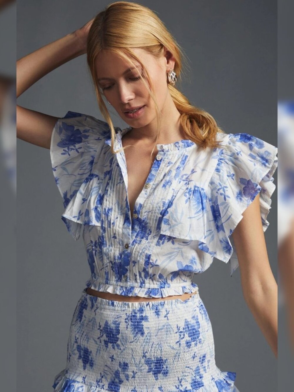 LoveShackFancy Nora Blouse M 8 Women's Ruffle Floral Print Crop Top NEW 46925